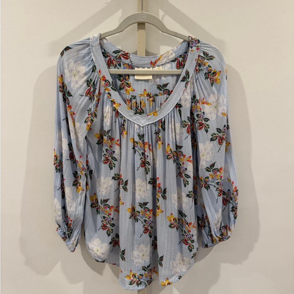 Anthropologie Blue Floral Blouse with 3/4 Sleeves